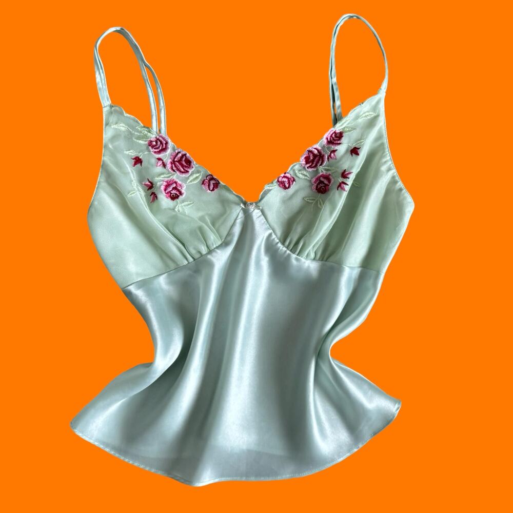 00's vintage sage green satin floral mesh fairy y2k lingerie tank top SMALL